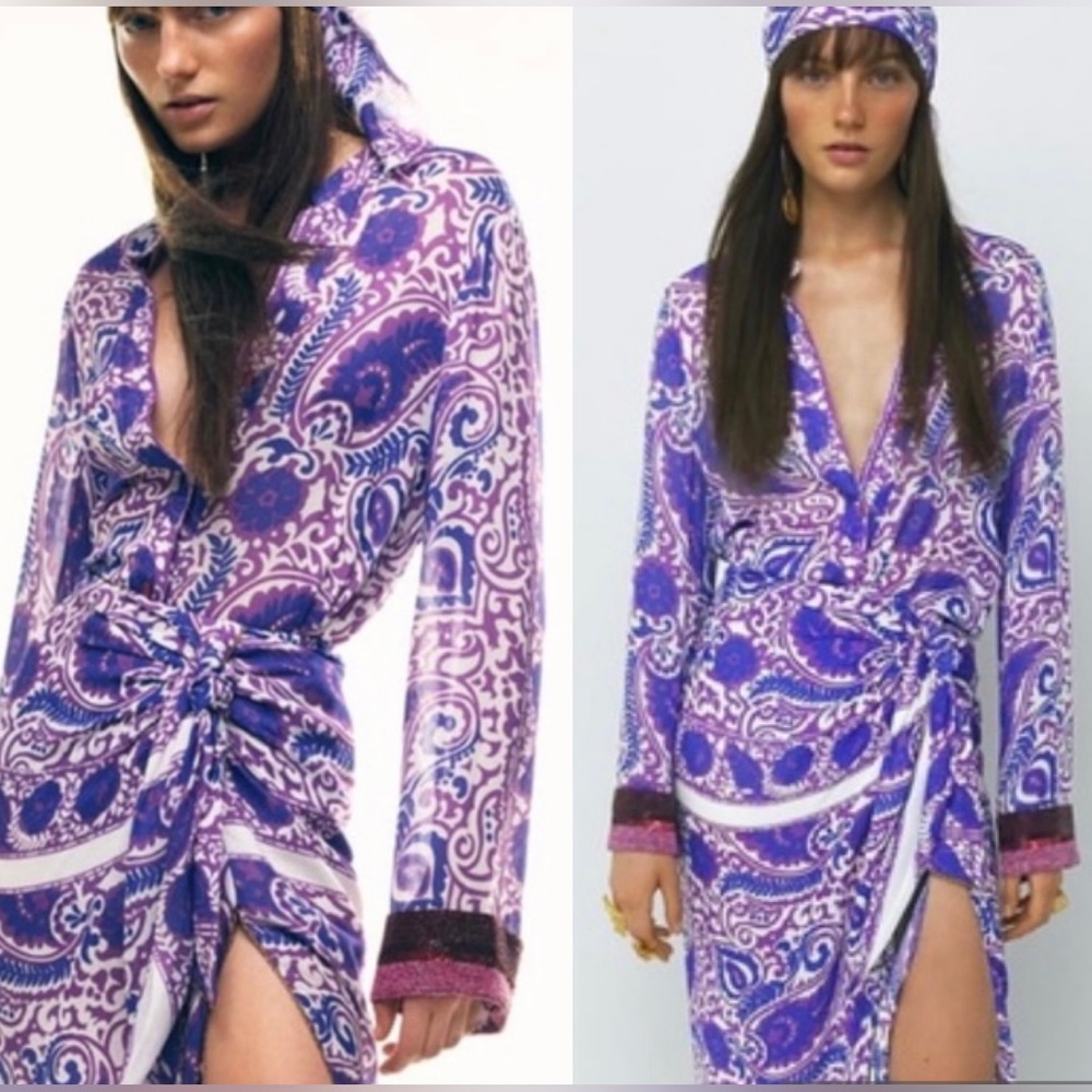 Zara Paisley Long Sleeve Blouse with Wide Bead Embellished Cuffs - S